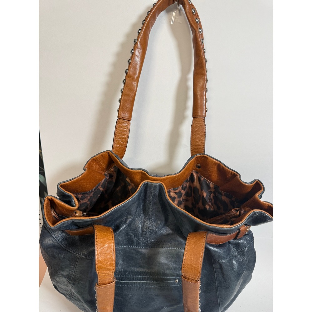Boho Indie Grunge Navy Blue Leather Studded Hobo Shoulder Bag Large Oversized - Picture 7 of 16